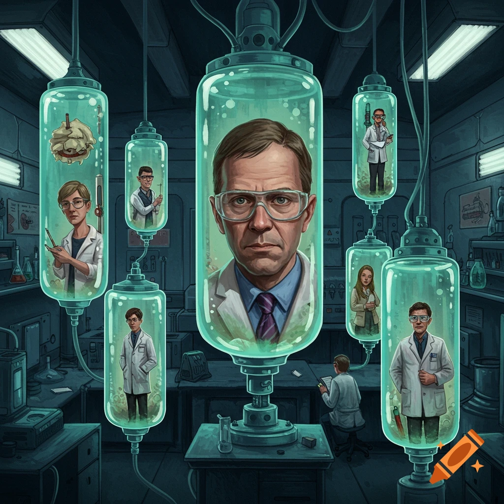 Scientists inside large growth tubes in a laboratory