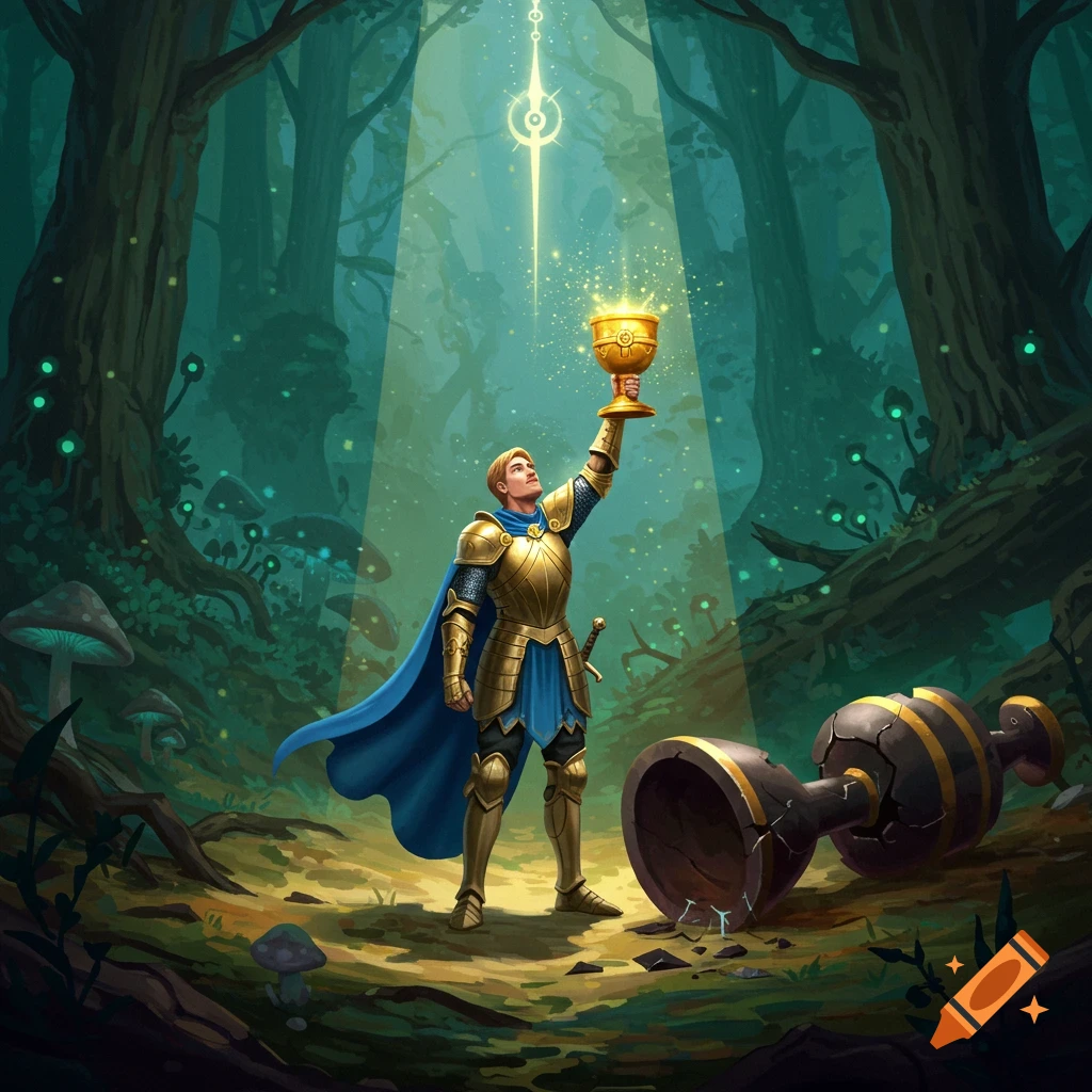 Knight in golden armor holds up a shining golden chalice in a mystical forest with a broken urn on the ground.