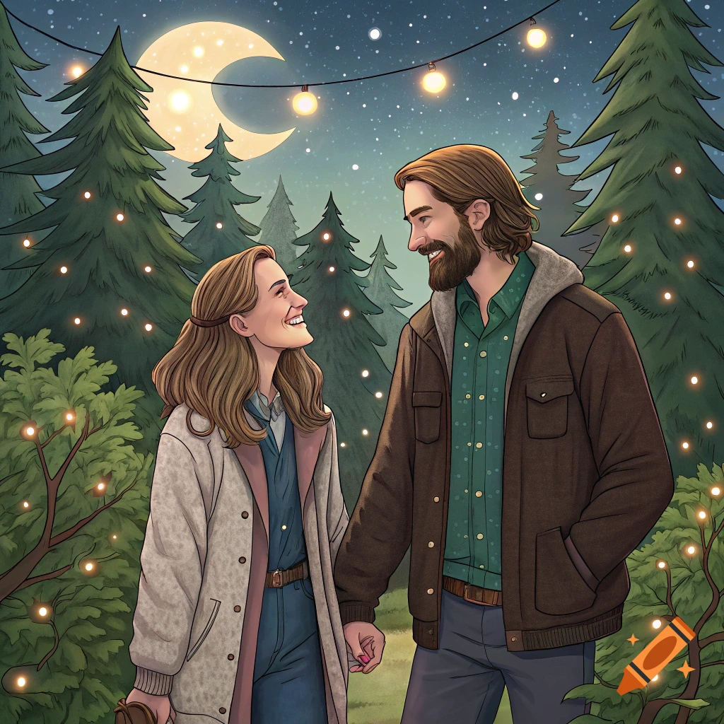 Illustration of a couple holding hands in a forest at night with string lights and a crescent moon.
