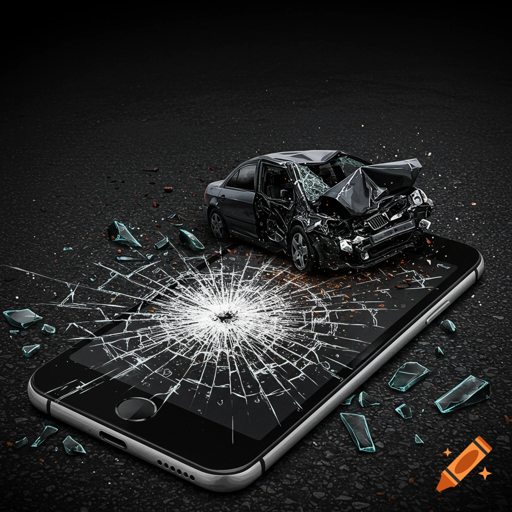 A crashed car sits on a smartphone with a cracked screen, symbolizing an accident caused by technology.