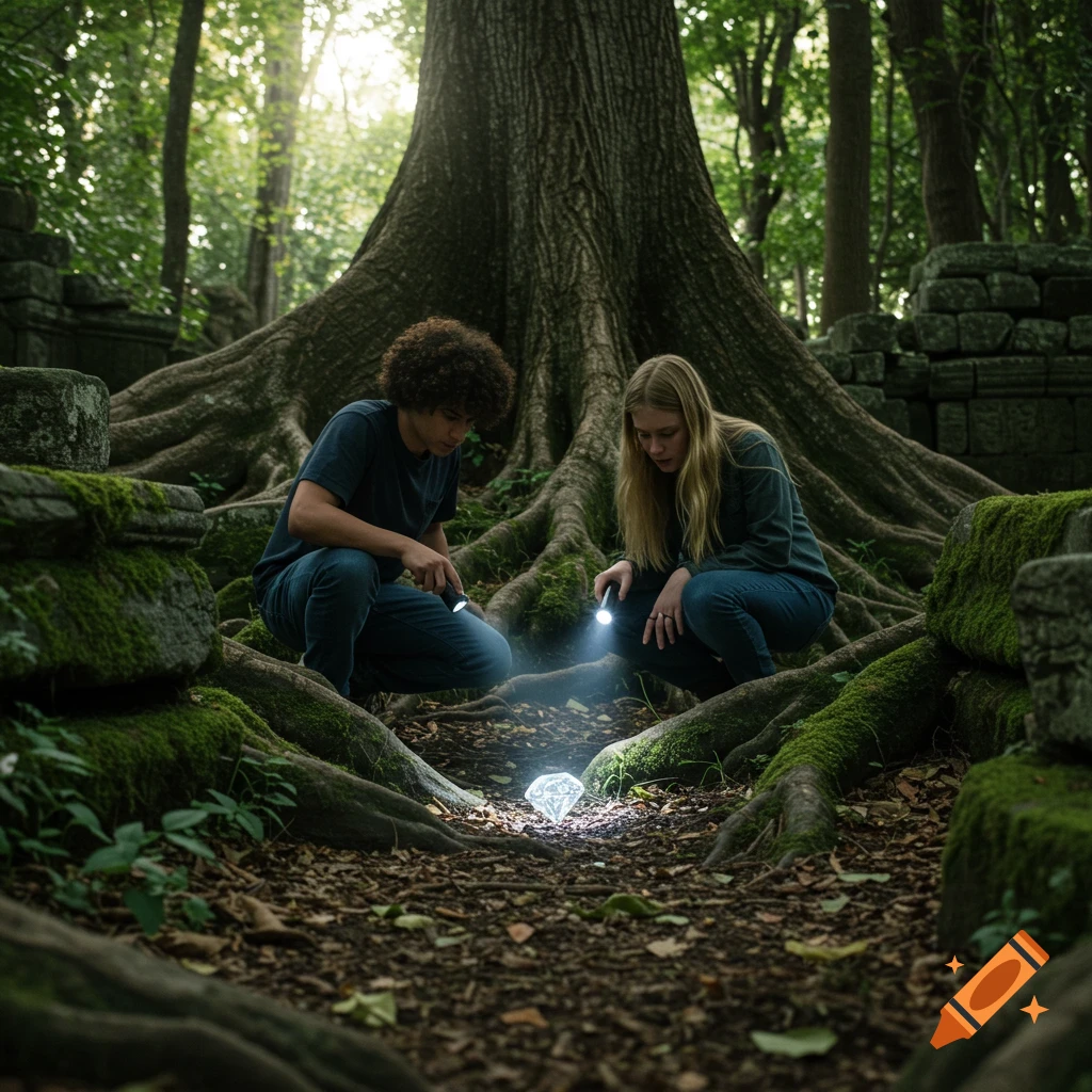Two people with flashlights look at a glowing diamond on the ground in a forest near ruins.