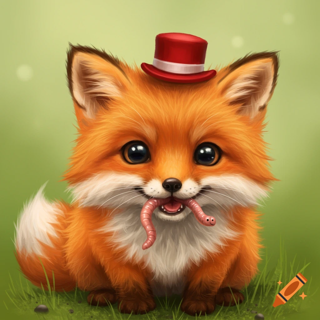 A cute, fluffy cartoon fox wearing a red top hat holds a pink worm in its mouth while sitting in grass.