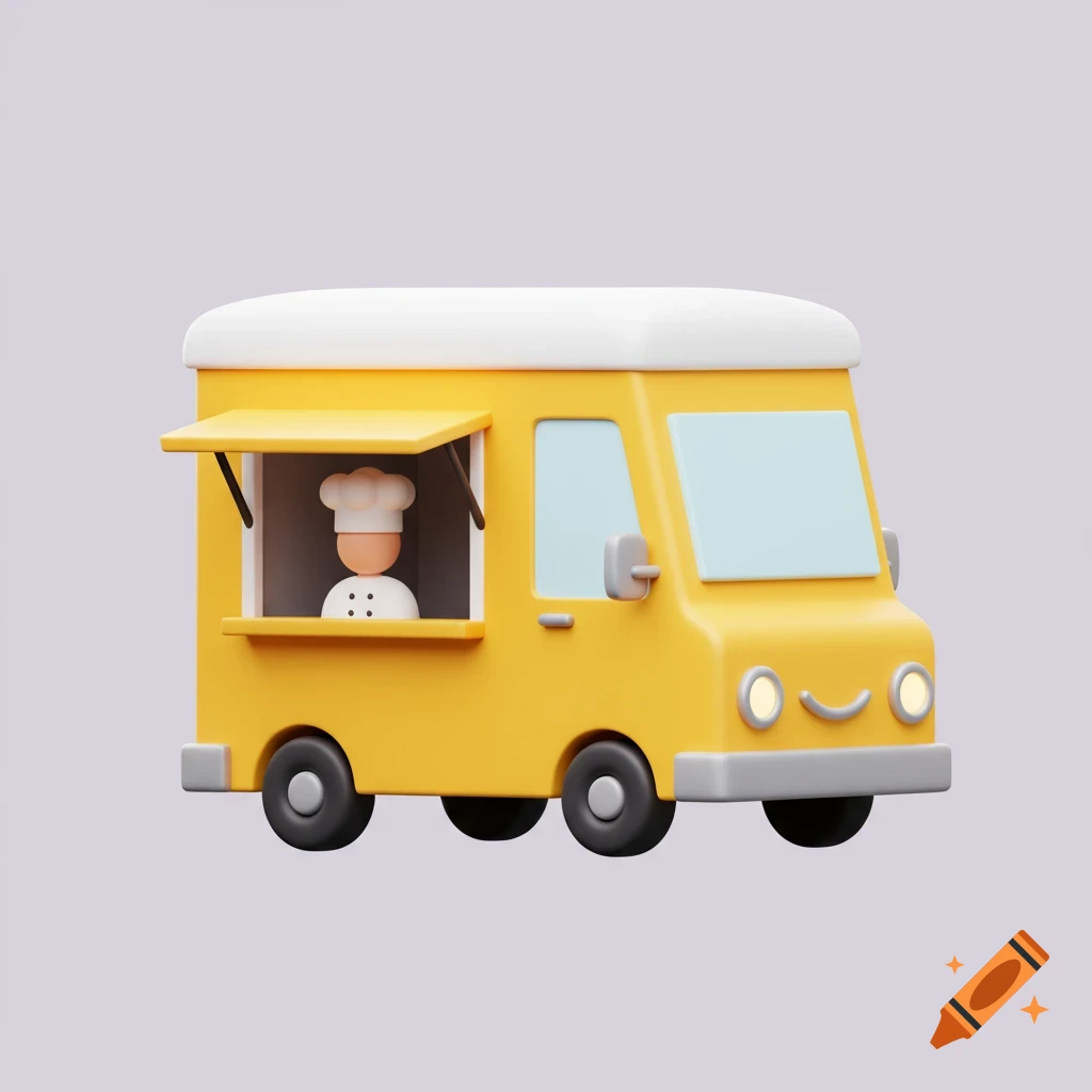 A simple 3D icon of a yellow food truck with a chef inside.