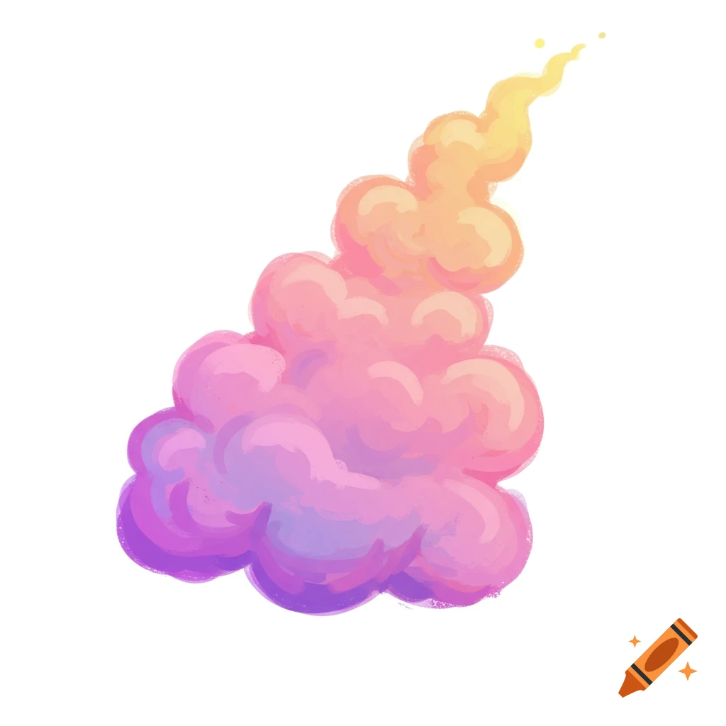 A stylized colorful cloud or smoke trail in shades of purple, pink, orange, and yellow on a white background.