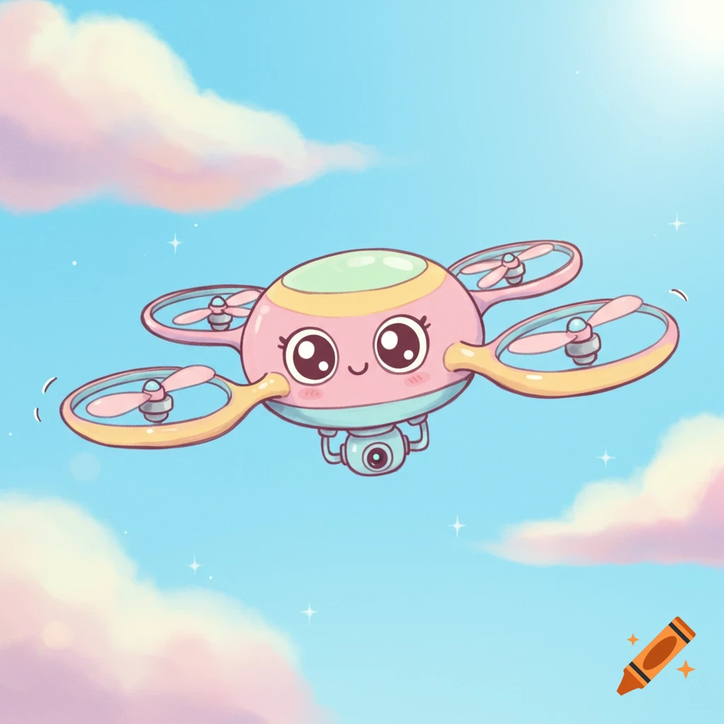A cute cartoon drone flies in a sunny sky.