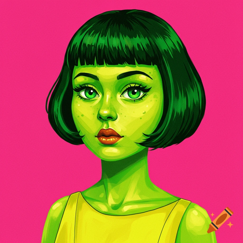 Stylized illustration of a woman with green skin and hair in a yellow dress against a pink background.