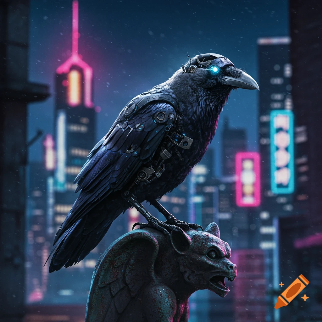 A cybernetic raven perches on a gargoyle statue against a neon-lit cyberpunk city background.
