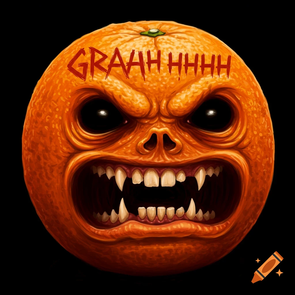 A scary orange with sharp teeth and black eyes, with the text GRAAH HHHHH on its forehead.