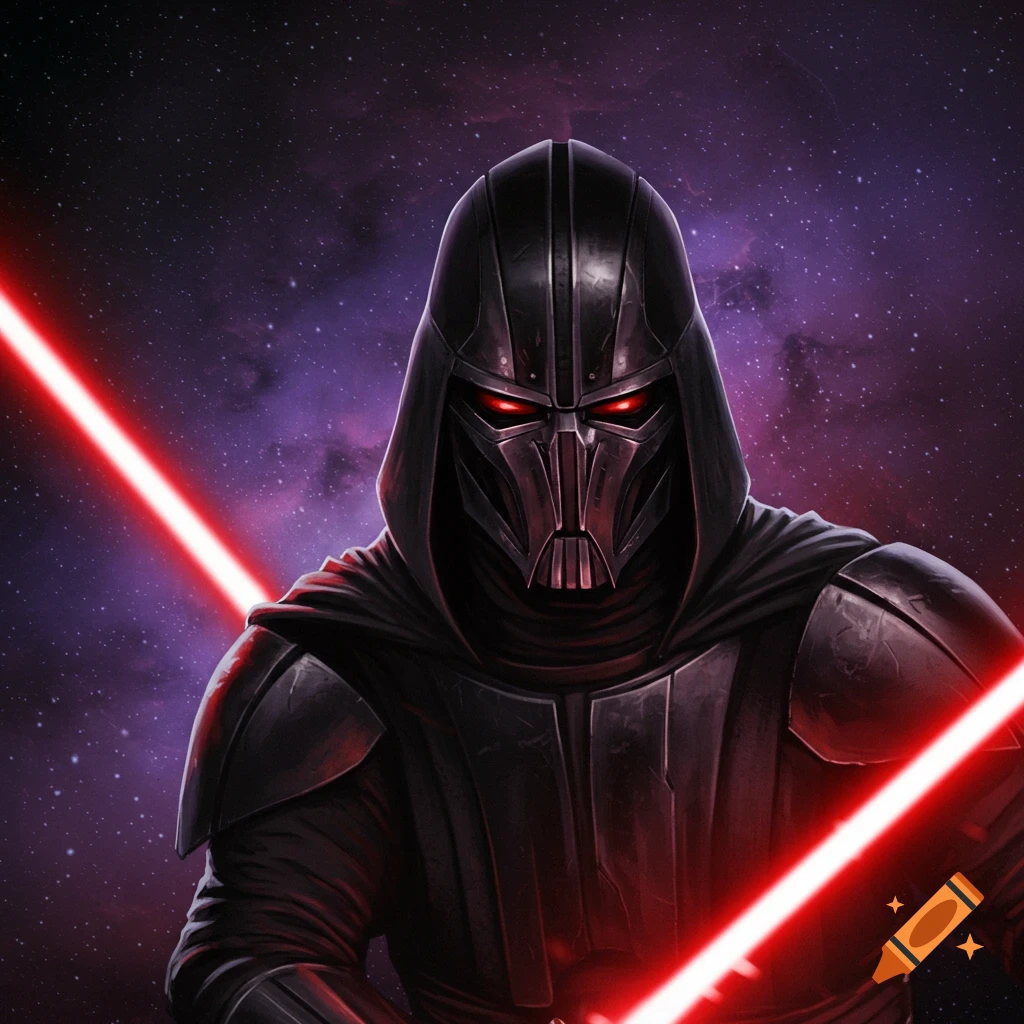 A masked figure similar to Darth Vader holds two glowing red lightsabers in space.