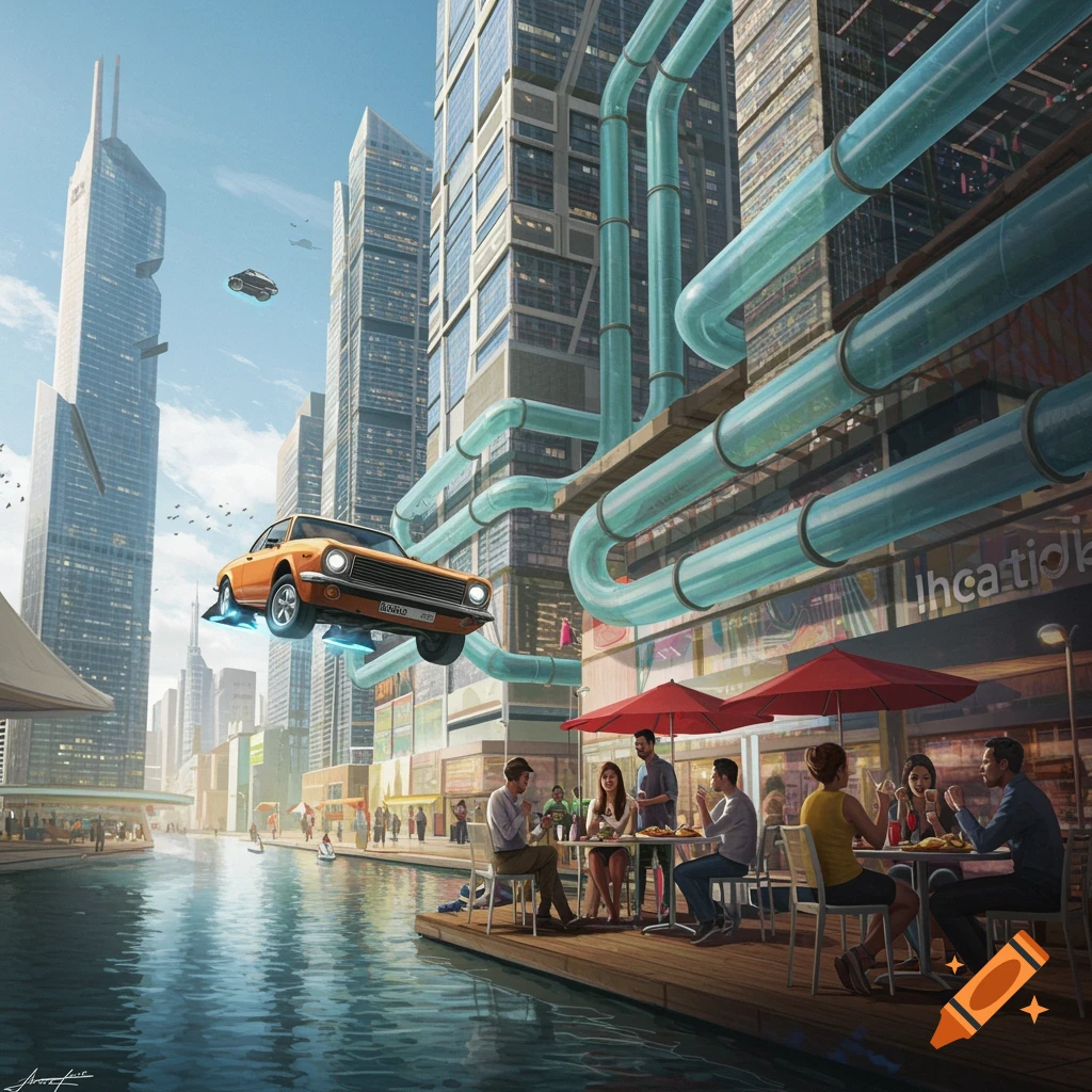 A futuristic cityscape with large buildings, flying cars, transparent tubes connecting buildings, and people dining outdoors by a canal.