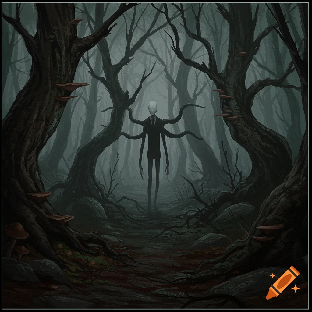 A tall, slender, pale figure with multiple arms in a dark forest.