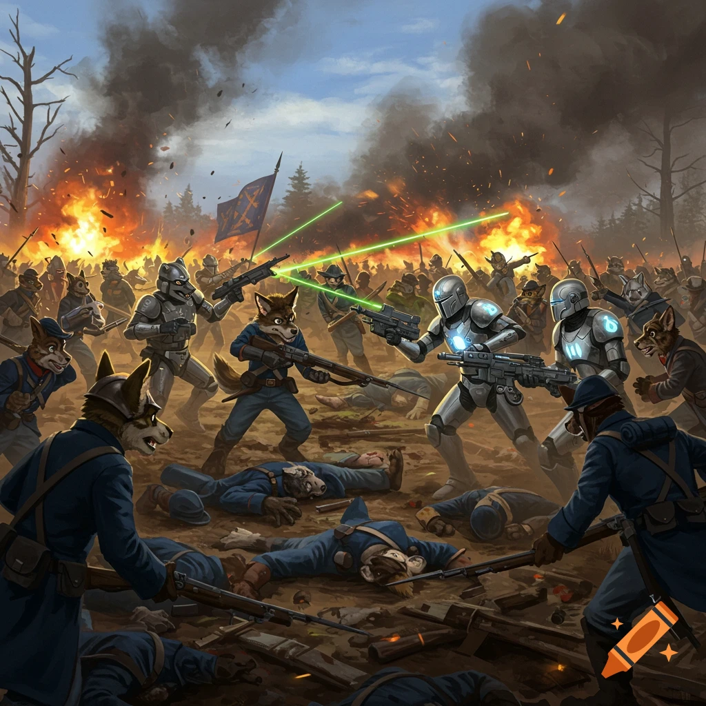 Furry soldiers battle space knights on a historical battlefield with lasers and explosions.