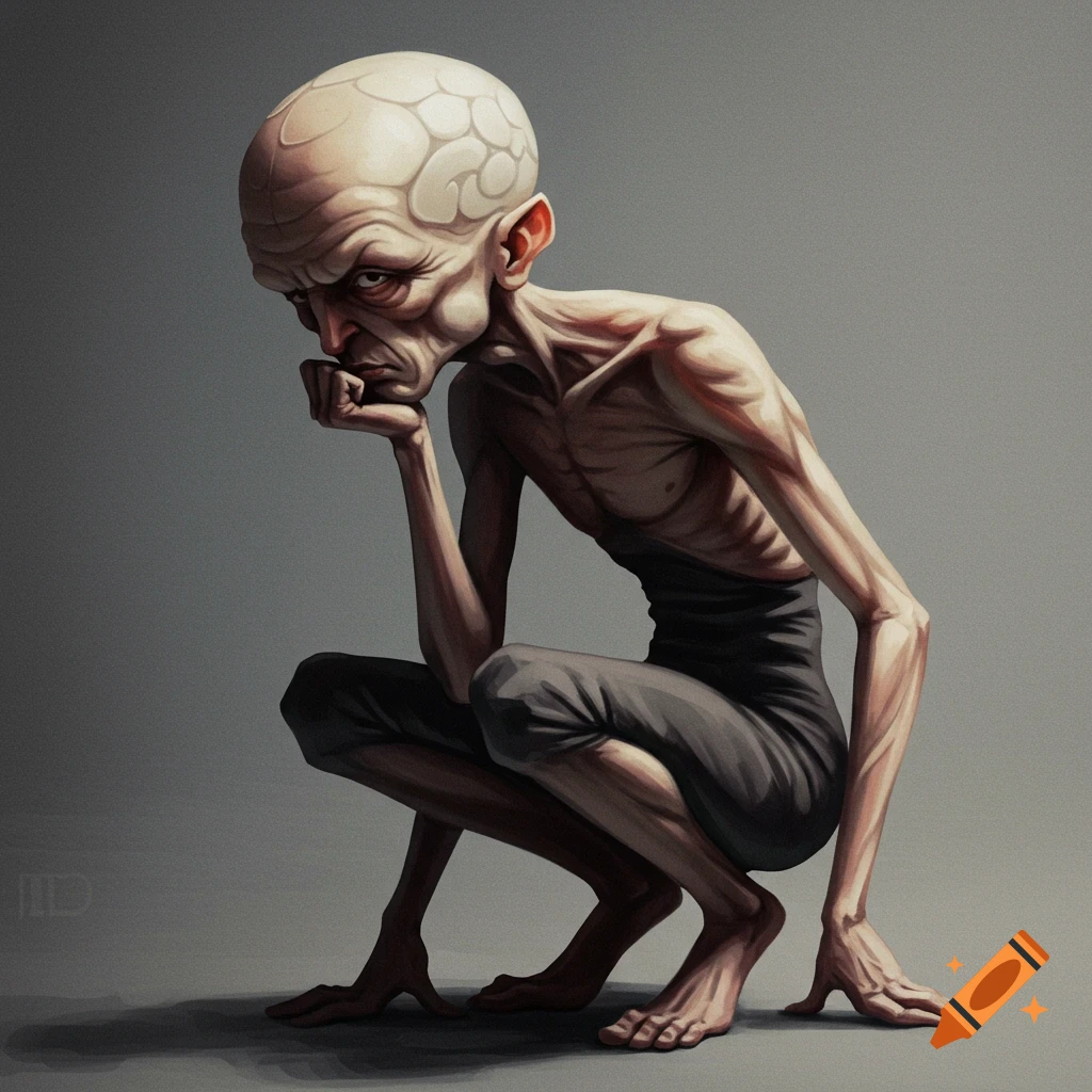 Illustration of a creepy, gaunt, bald figure crouching and thinking.