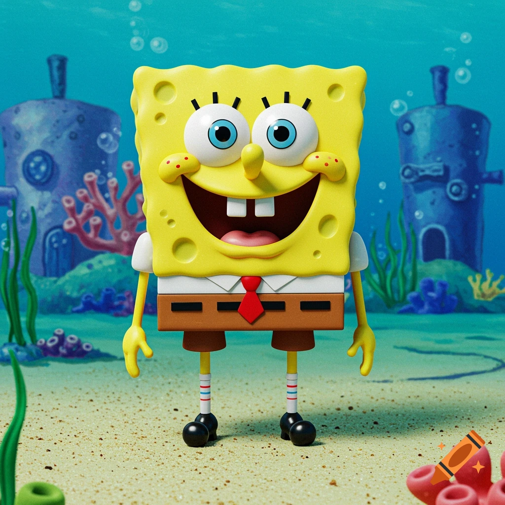 Stylized 3D render of SpongeBob SquarePants underwater with Bikini Bottom buildings in background.