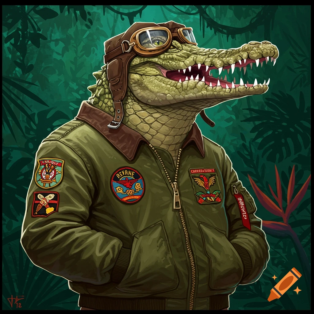 An illustration of a crocodile wearing a bomber jacket, pilot goggles, and leather helmet in a jungle.