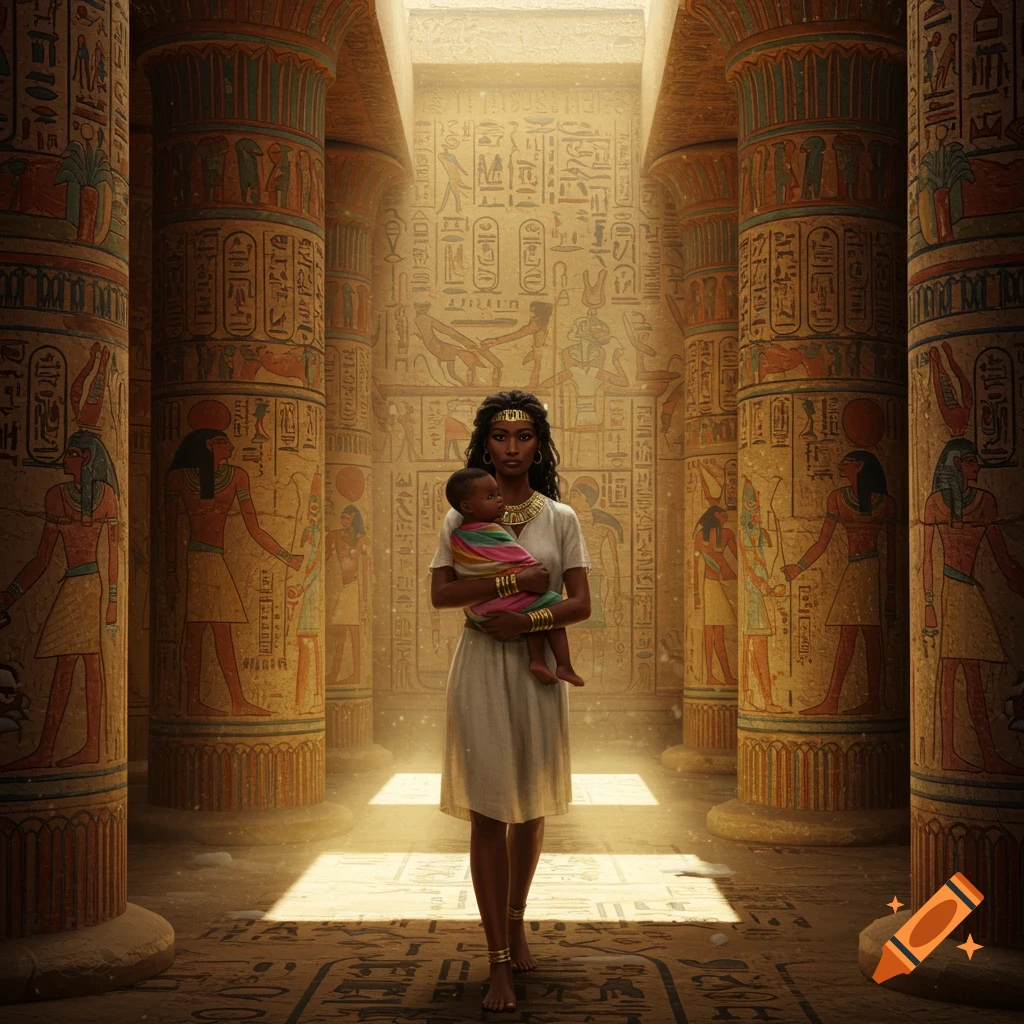 A woman holds a baby in an ancient Egyptian temple hall with large columns covered in hieroglyphs.