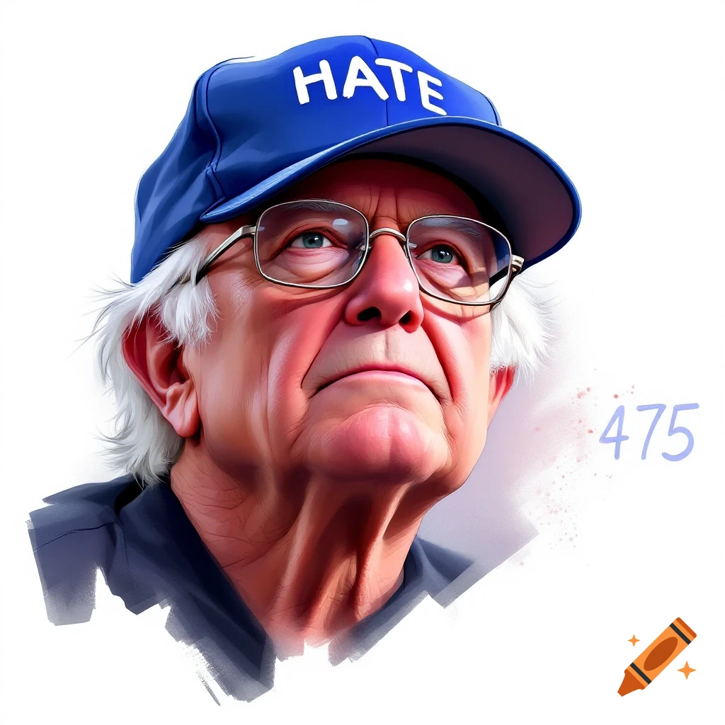 Illustrative portrait of a man resembling Bernie Sanders wearing a blue hat with HATE on it.