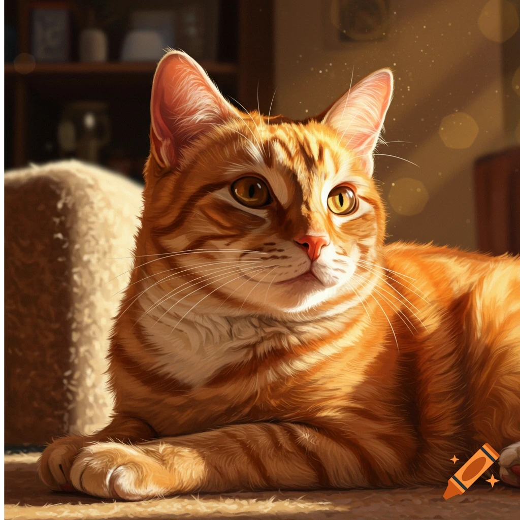 An orange tabby cat lies in a sunbeam indoors.