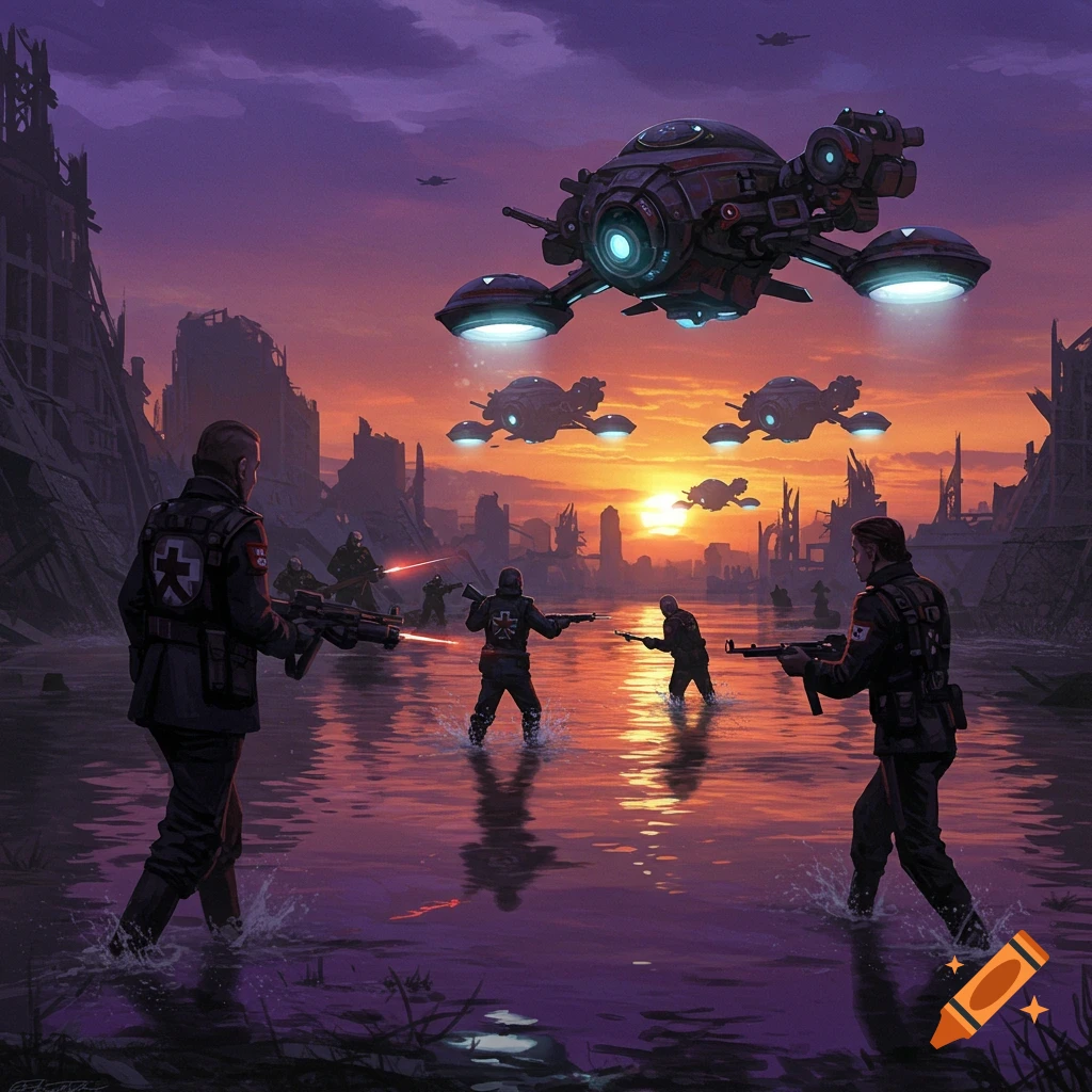 Soldiers fighting in a flooded ruined city at sunset with hovering drones.