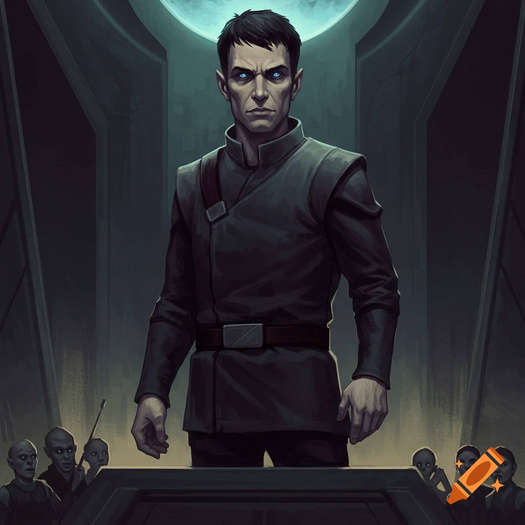 Illustration of a man with glowing blue eyes and pointed ears in a dark room with smaller figures.