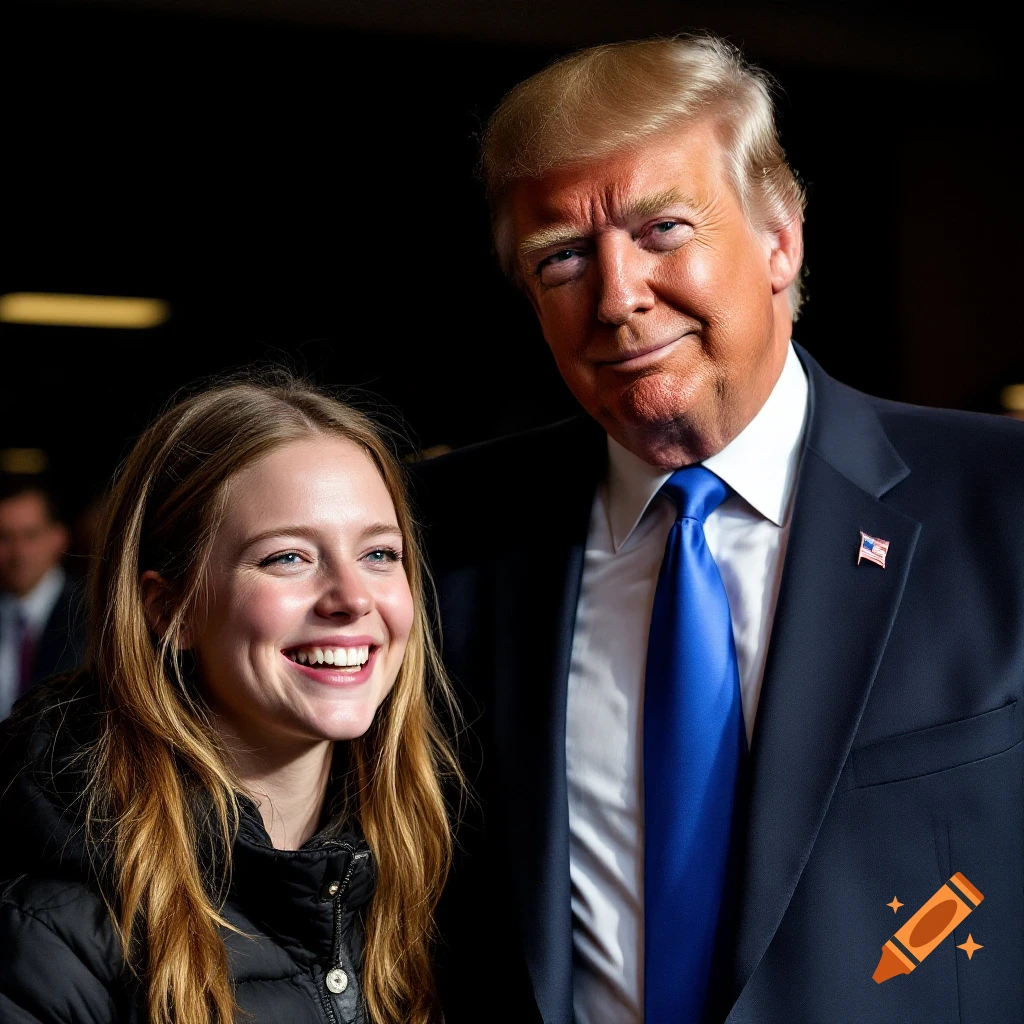 Photorealistic portrait of Donald Trump standing with a smiling young woman.