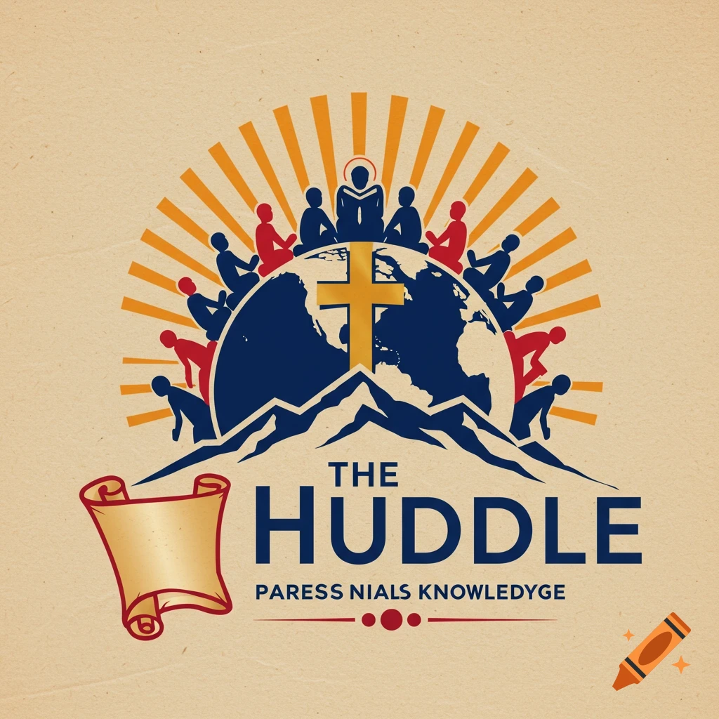 Logo illustration with a cross on a globe over mountains, people silhouettes around the globe, sun rays, and a scroll. Text reads 'THE HUDDLE'.
