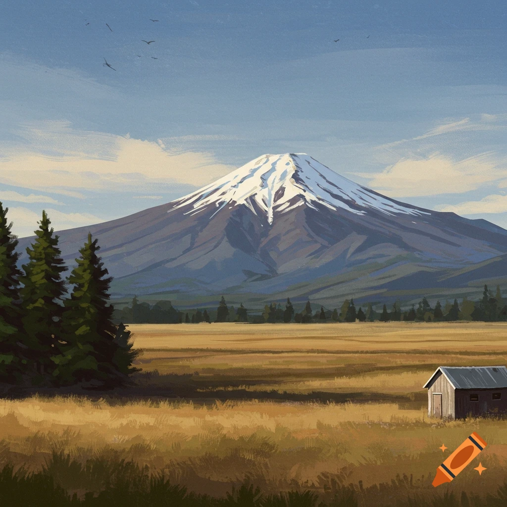 A landscape painting of a snow-capped mountain behind a field with trees and a small shed.
