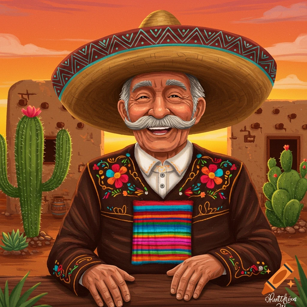 A cheerful older man with a mustache and sombrero wears traditional embroidered clothing and sarape over a wooden railing in front of adobe buildings and cacti at sunset in an illustration.