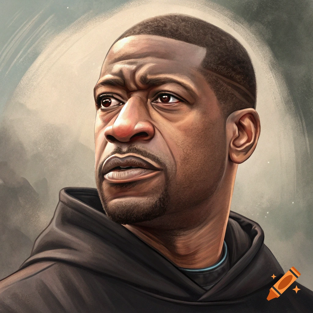 Illustrative portrait of George Floyd in a black hoodie