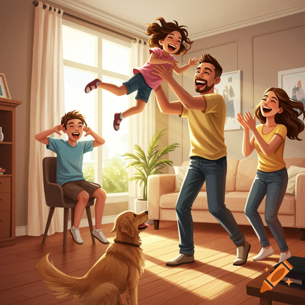 An illustrated family plays in a sunlit living room; parents laughing, daughter lifted high, son covering ears, dog watching.