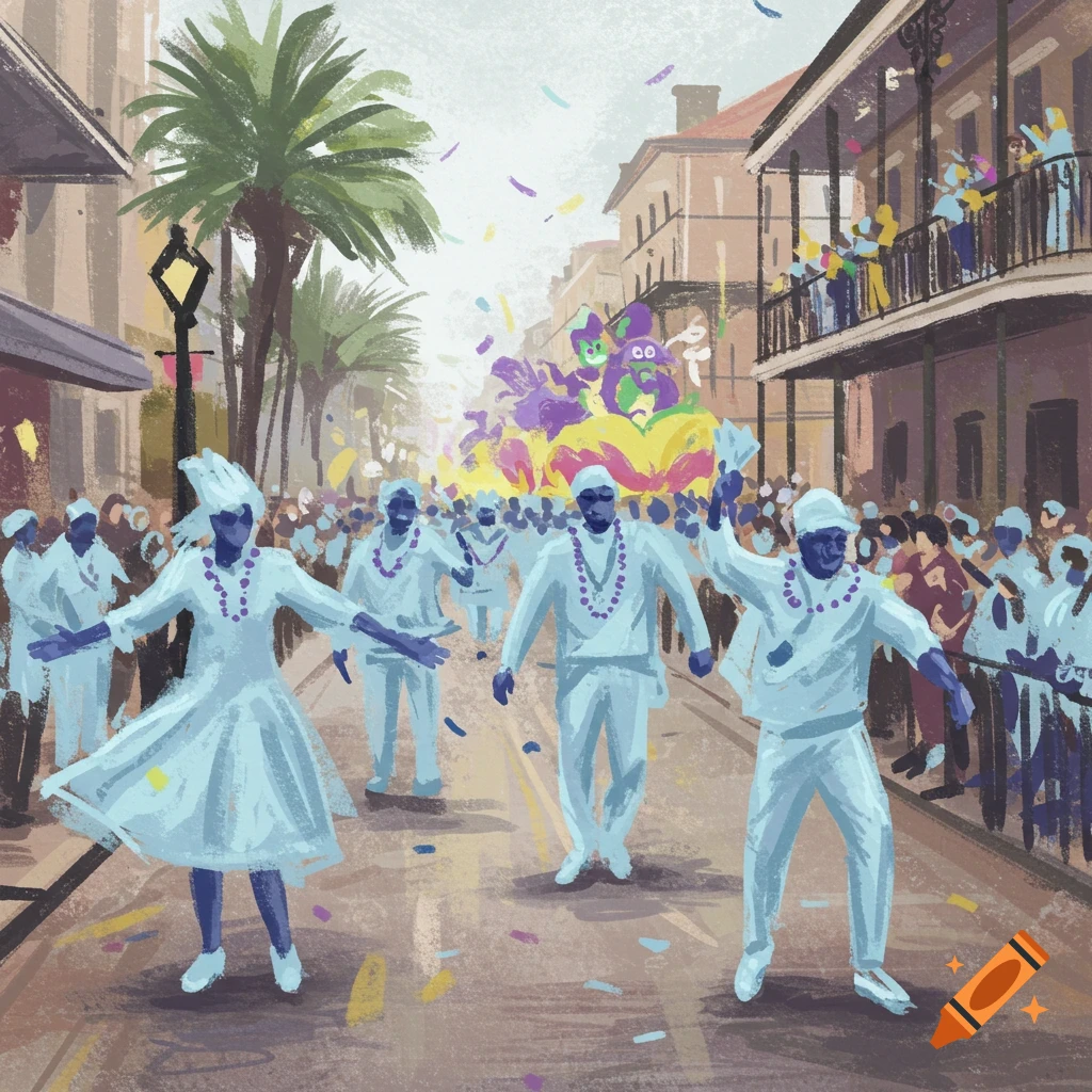 Sketch of light blue figures dancing in a Mardi Gras street parade with floats and buildings.