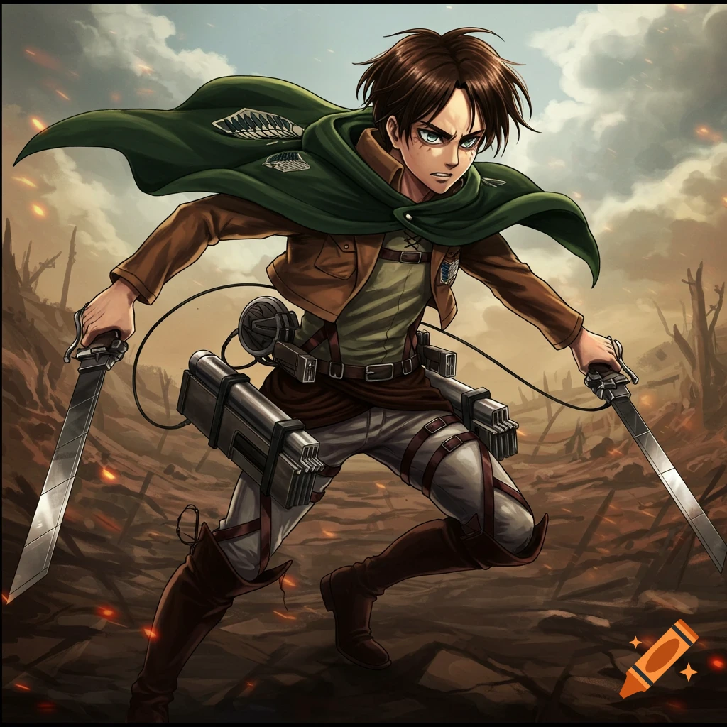 Eren Jaeger from Attack on Titan wielding swords in a battleground, anime style.