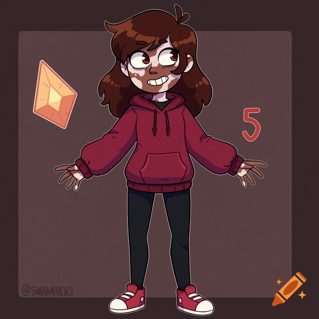 A cartoon girl with brown hair and vitiligo skin wears a maroon hoodie, black leggings, and red shoes. A yellow gemstone and the number 5 are visible.
