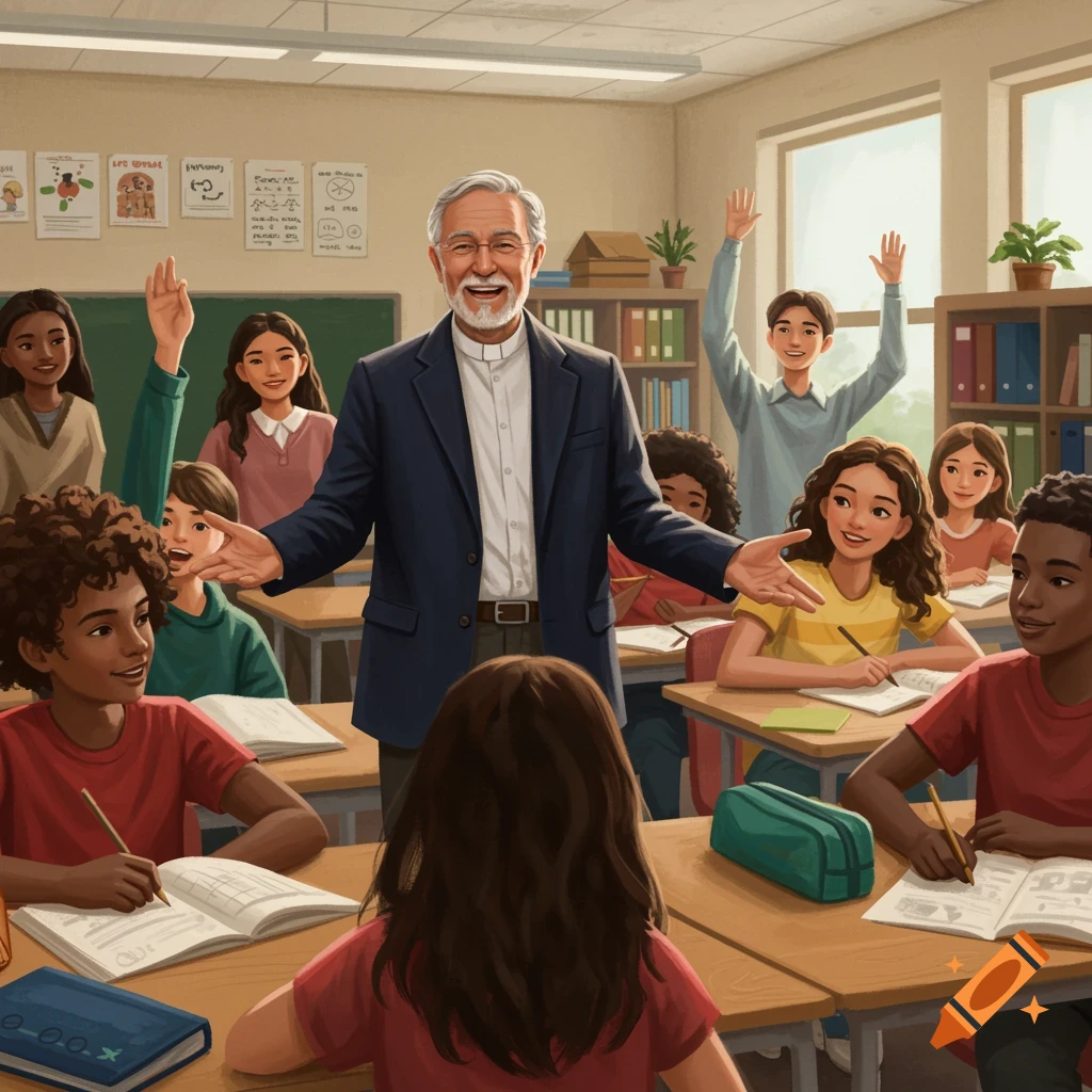Illustration of a kind teacher talking to diverse students in a sunny classroom. Students sit at desks, some raising hands, others writing.