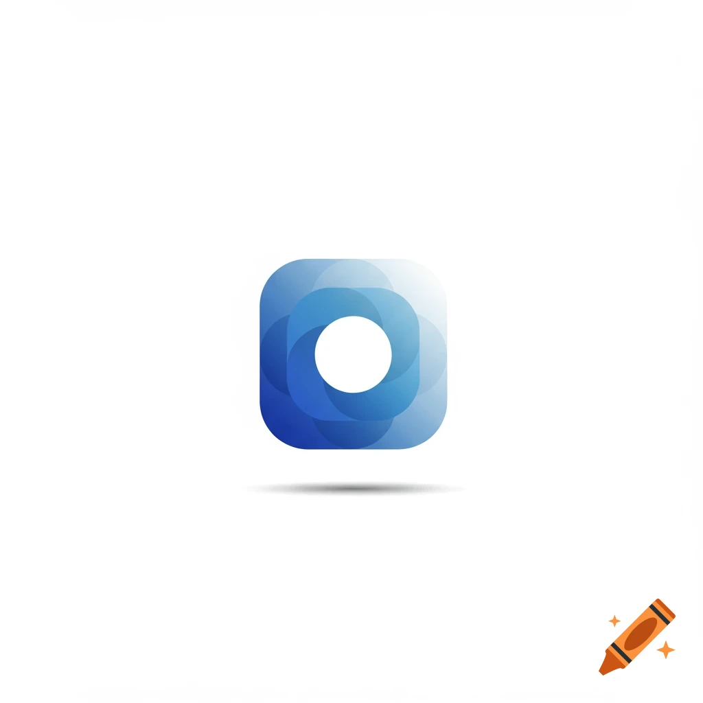A blue and white abstract logo featuring a circular hole in a rounded square shape.