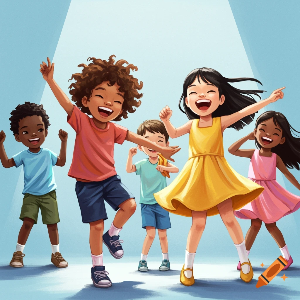 Five diverse children dancing happily in a spotlight