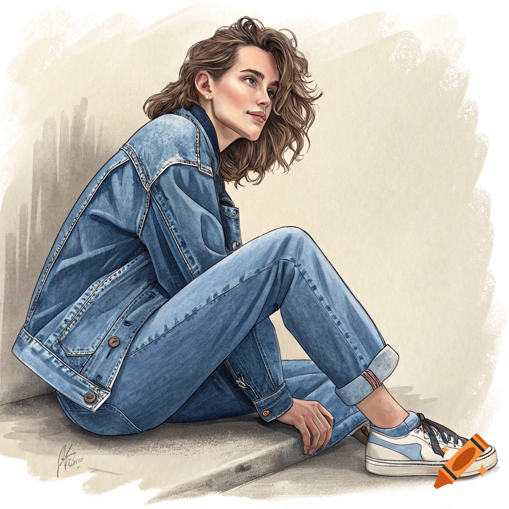 Illustration of a woman in a denim jacket and jeans sitting.