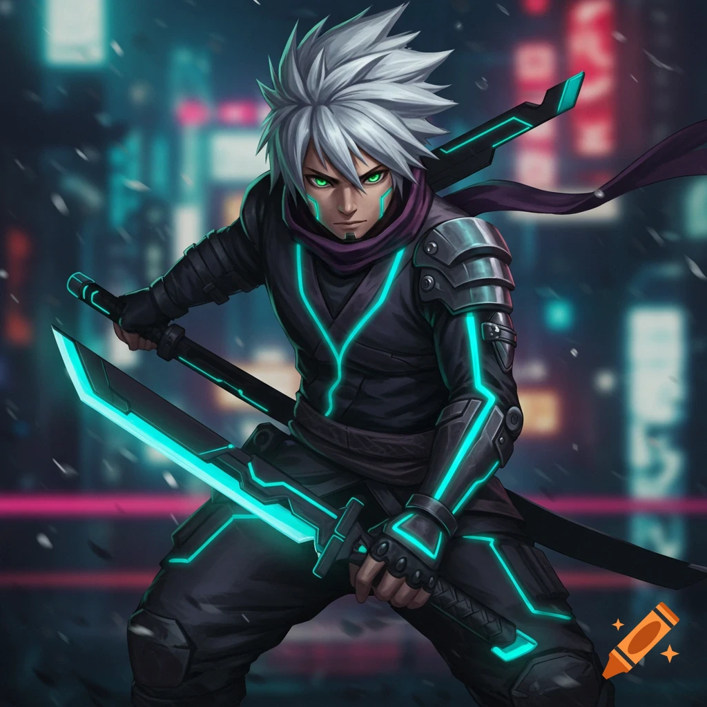 Anime ninja character with white hair and glowing swords in a city.