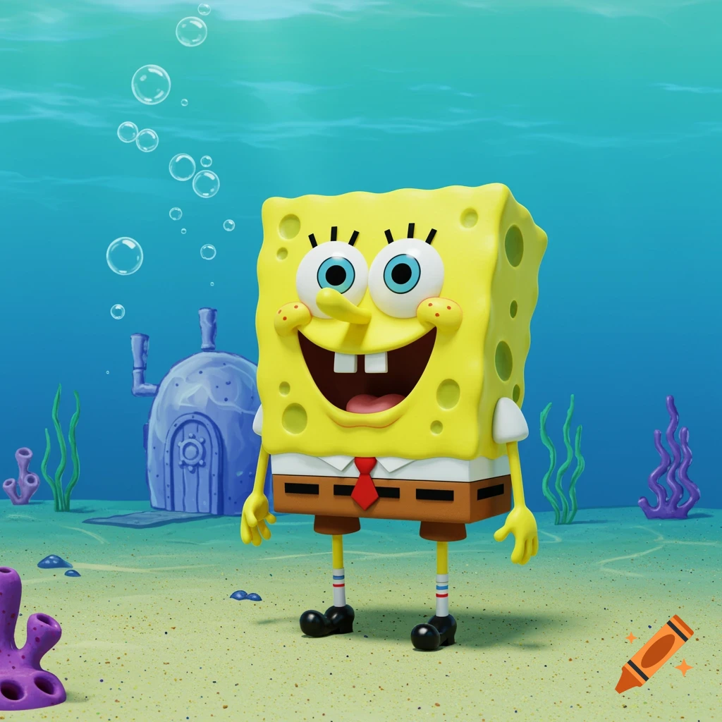 3D rendering of Spongebob Squarepants standing on the sandy ocean floor with his pineapple house in the background.