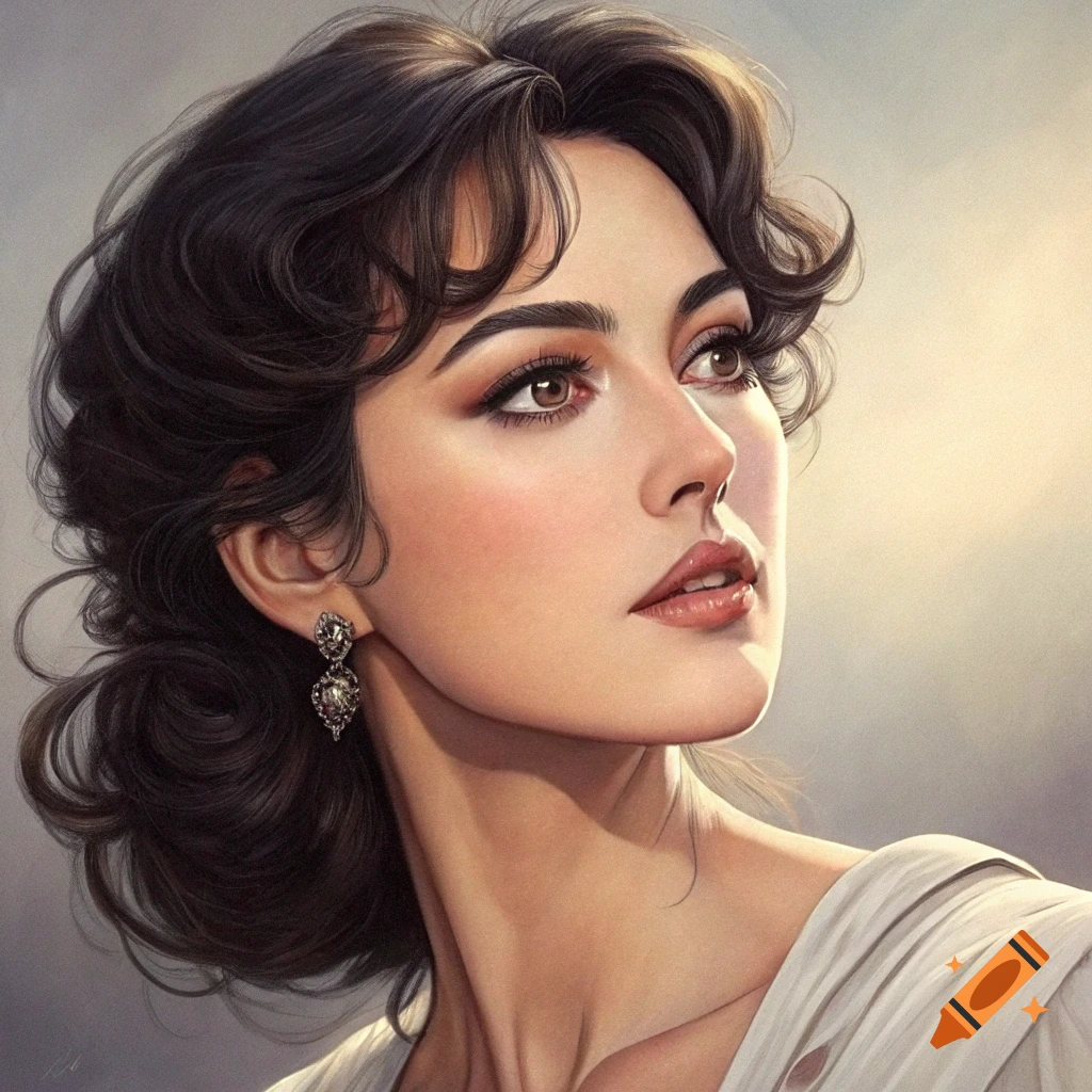Anime style portrait of a woman with dark hair looking up.