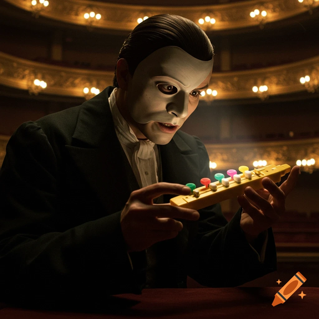 A masked man examines a small instrument in a theater