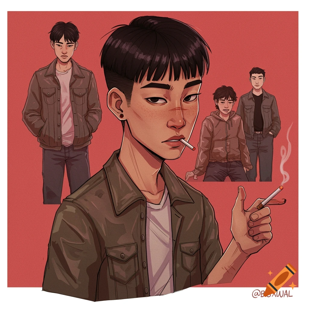 Illustration of a young man smoking a cigarette, with smaller character illustrations in the background, in an anime-inspired style.