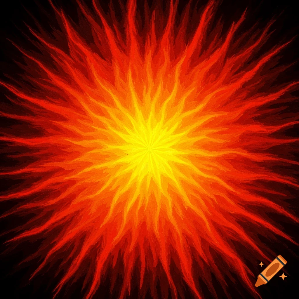 Abstract sunburst pattern with yellow center fading to orange and red on a black background.