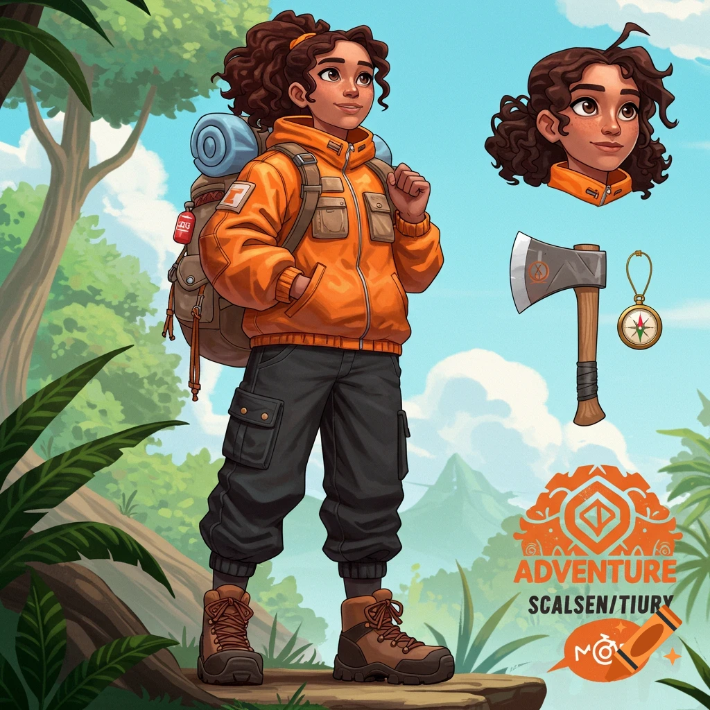 Cartoon illustration of an adventurer in a forest, with character portrait and gear graphics.