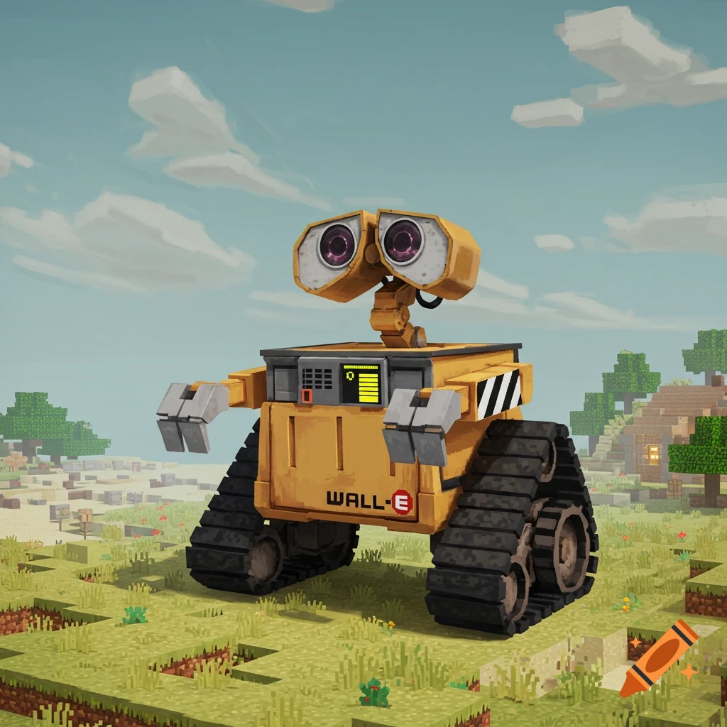 WALL-E robot in a blocky Minecraft landscape under a cloudy sky
