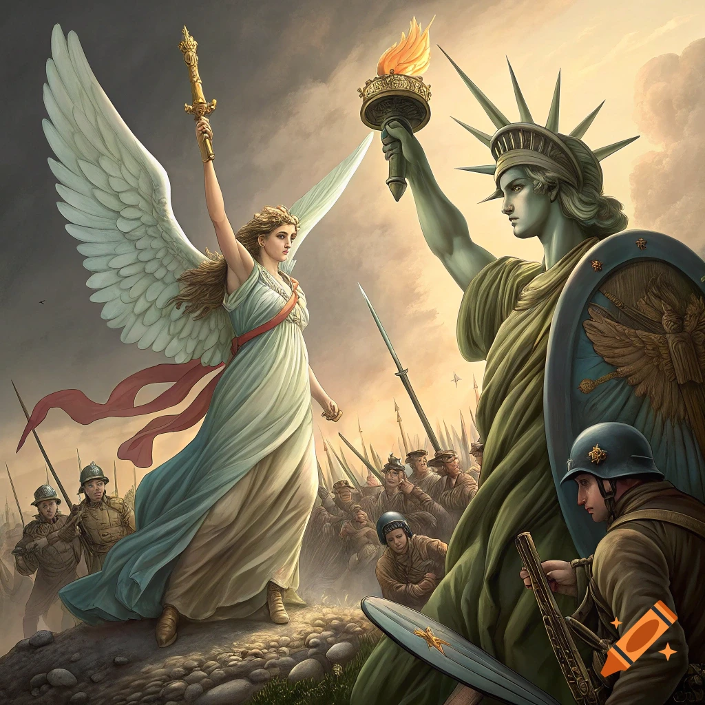 An angel and the Statue of Liberty stand together against an army of soldiers under a cloudy sky.