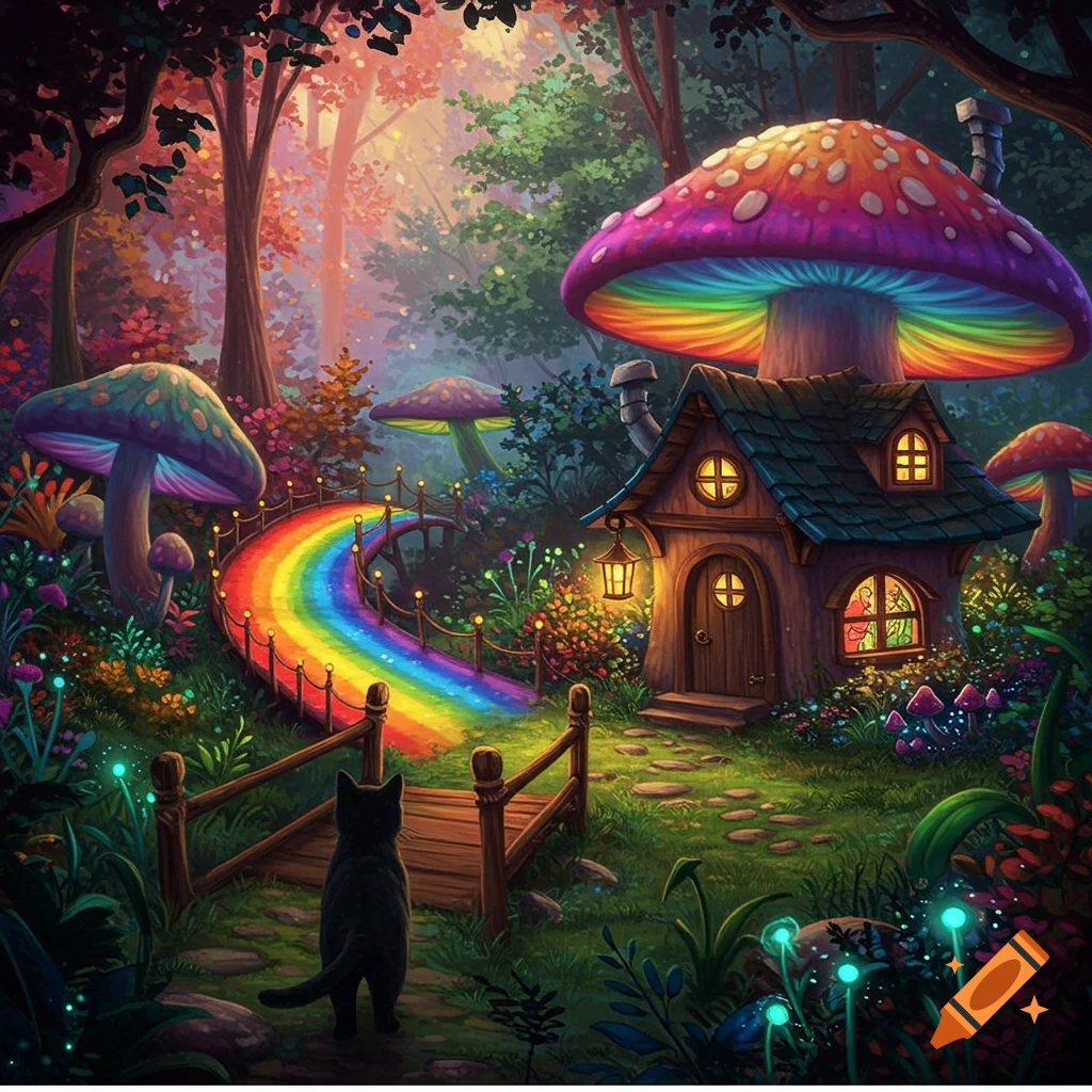 A black cat stands on a bridge leading to a mushroom cottage via a rainbow path in a magical forest.