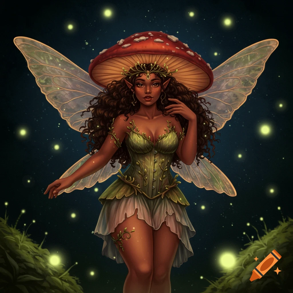 Illustration of a dark-skinned mushroom fairy with curly hair, a mushroom hat, green corset, and wings, surrounded by glowing fireflies.
