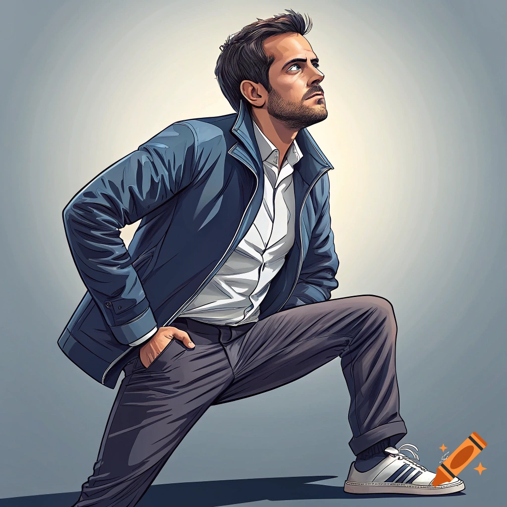 Stylized illustration of a man in a blue jacket, white shirt, and gray pants, kneeling and looking up.