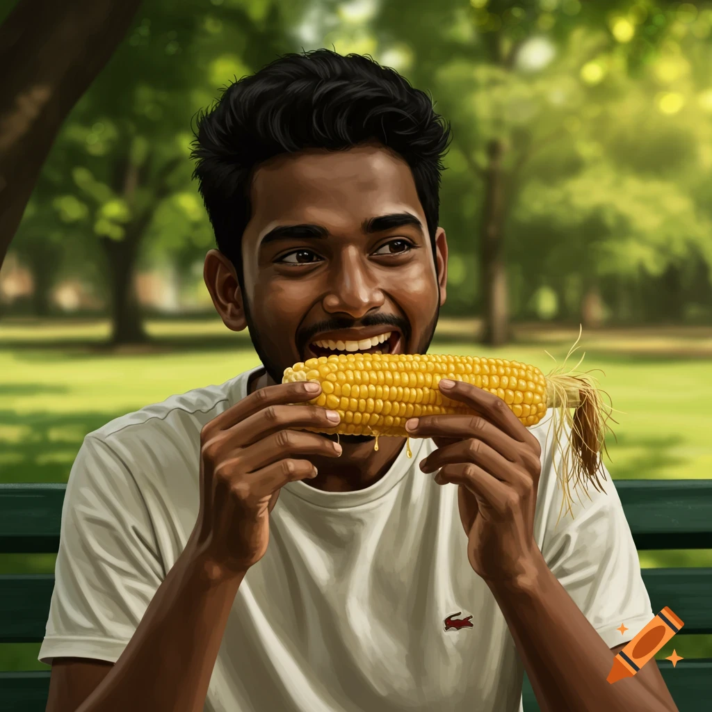 Realistic illustration of a man eating corn on the cob while sitting on a park bench.